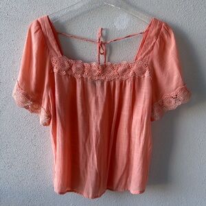A.U.W. Square Neck Open Back Size L Peach Color Crochet Trim Boho Cottagecore